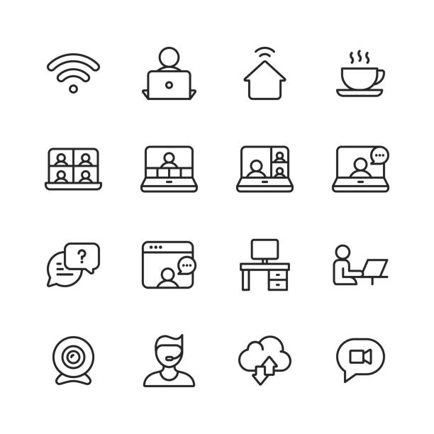 Work from Home, Remote Work Line Icons. Editable Stroke. Pixel Perfect. For Mobile and Web. Contains such icons as Wifi, Coffee, Video Chat, Video Conference, Business Meeting, Online Messaging, Video Call, Office Desk, Camera, Support, Cloud Computing. 16 Work from Home, Remote Work Outline Icons. Wifi, Remote Work, Work from Home, Coffee, Video Chat, Video Conference, Business Meeting, Online Messaging, Video Call, Office Desk, Camera, Support, Cloud Computing. professional video camera stock illustrations