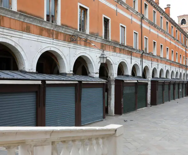 Stalls and shops closed during the lockdown in Venice in Italy