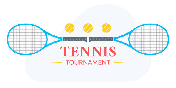 ilustraciones, imágenes clip art, dibujos animados e iconos de stock de logotipo o insignia del torneo de tenis con dos raquetas y pelotas de tenis. ilustración vectorial. - torneo de tenis