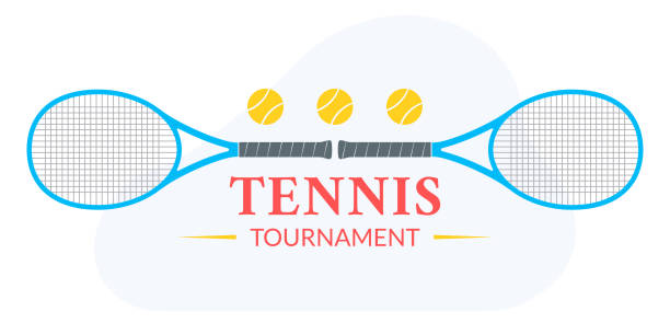 illustrations, cliparts, dessins animés et icônes de logo ou badge de tournoi de tennis avec deux raquettes et des balles de tennis. illustration de vecteur. - tournoi de tennis