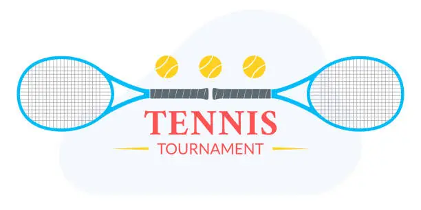 Vector illustration of Tennis tournament logo or badge with two rackets and tennis balls. Vector illustration.