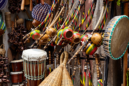 Colorful musical instruments at Pelourinho  historic Center of Salvador, Bahia, Brazil