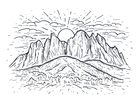 Landscape vector sketch illustration with a mountains, rocks, trees and sun. Black line isolated on white. Nature background. Design for t-shirt print, postcard, poster, cover, engraving