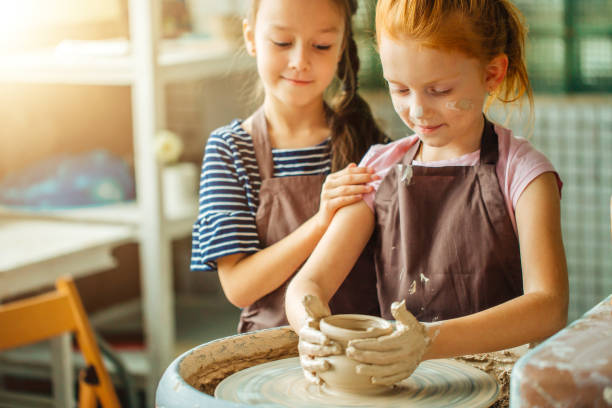 istock working process with clay potter wheel. Two girls making pottery in studio 1226172137
