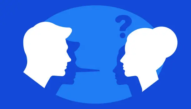 Vector illustration of A man lies to his wife or boss. Vector illustration: a woman asks a question, and a man answers with a lie. The concept of cheating, deception, mistrust.