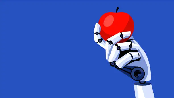 Vector illustration of The robot is holding an apple. Mechanical hand is holding a red apple. Concept of machine learning, new technologies, cybernetics and robotics. AI learns and recognizes the world.