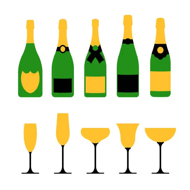 Vector illustration of Champagne glasses with champagne bottles. Vector stock illustration