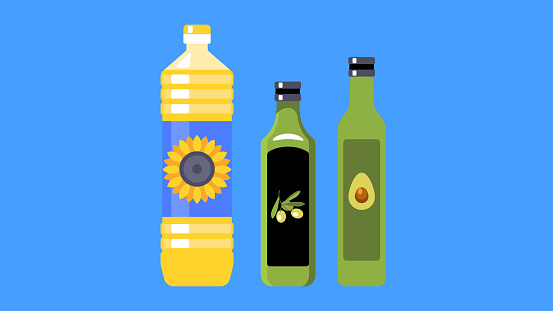 Three types of vegetable oil for cooking. Vector illustration.