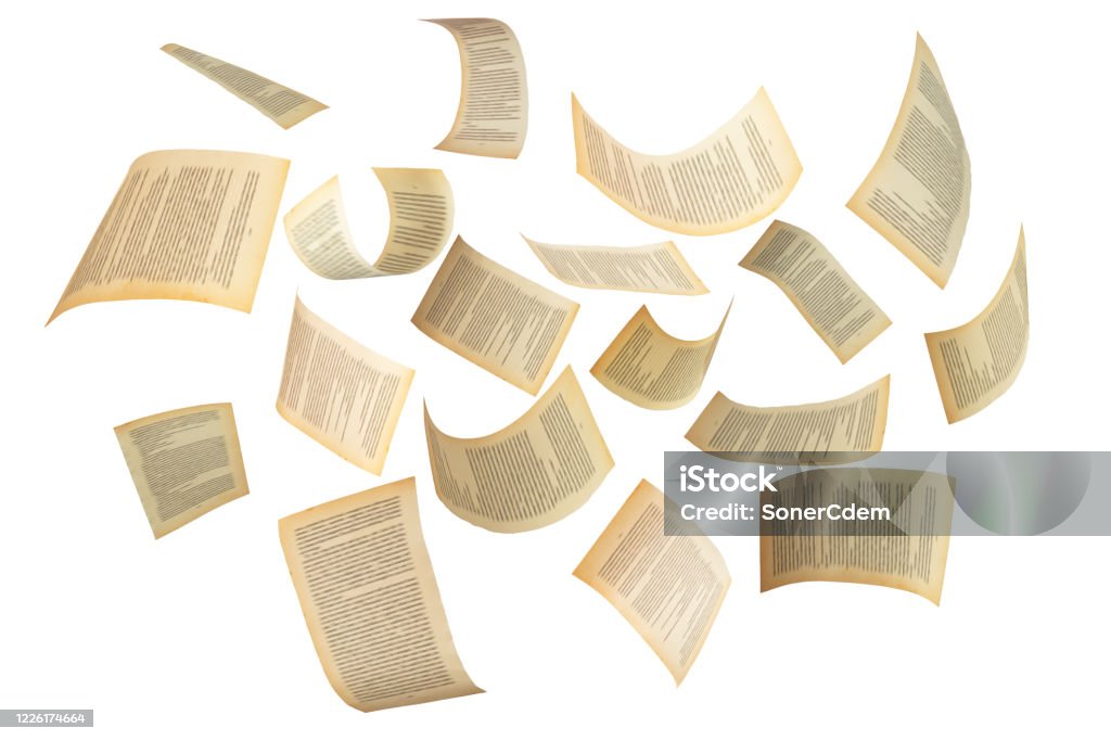 Many flying pages isolated on white background. Abstract and creative shot for editing photos. Many flying pages isolated on white background. Abstract and creative shot for editing photos Book Stock Photo