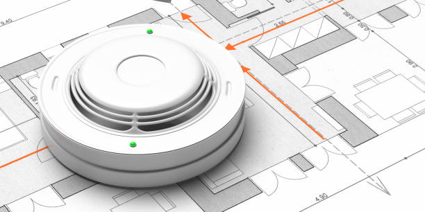 detector de humo en el fondo de dibujo de planos. sistema de seguridad contra incendios. ilustración 3d - fire escape fotografías e imágenes de stock