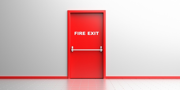 Fire exit, emergency exit door. Red color metal door with panic bar and fire exit sign in white color wall and floor background. Building interior, escape route. 3d illustration