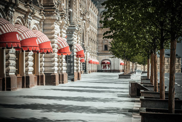 Moscow, Russia - May 14, 2020: Empty street in front of the famous central department store GUM in the centre of Moscow during the lockdown