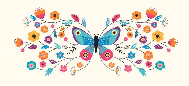 Vector illustration of Summer abstract background, banner design with butterfly and flowers