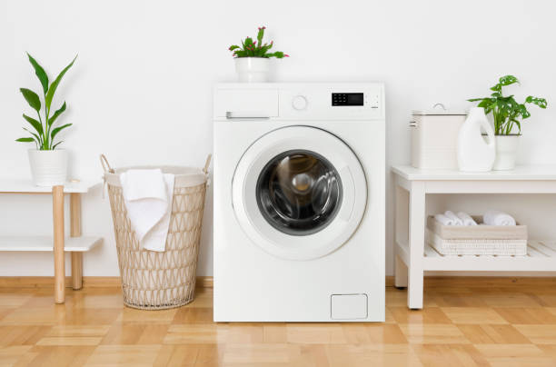 istock Rustic interior of home laundry room with modern washing machine 1226179924