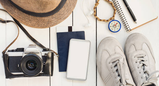 istock Accessories for travel, smartphone screen with blank empty space 1226180222