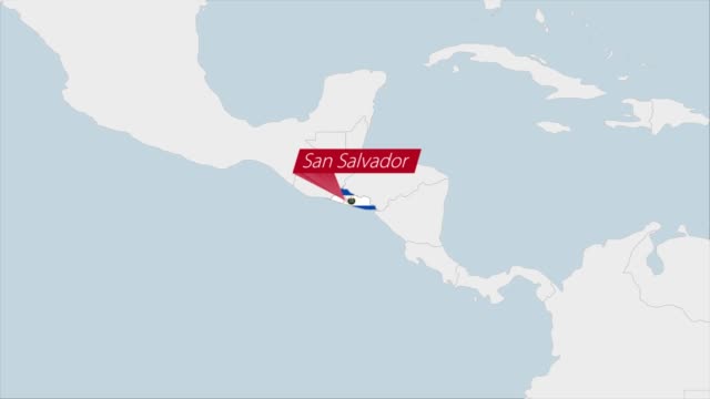 El Salvador map highlighted in El Salvador flag colors and pin of country capital San Salvador.