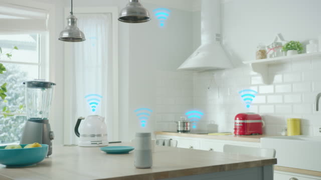 Internet of Things Concept: Modern Stylish White Kitchen full of High-Tech Kitchen Appliances with IOT, Wireless Logo Over Them. Digitalization, Visualization of Connected Home Electronics Devices