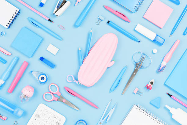 istock Assorted office and school pink white and blue stationery 1226184543