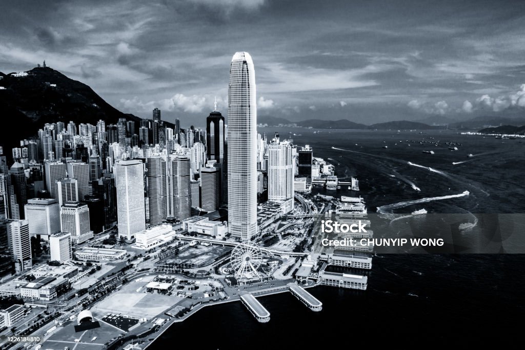 Hong Kong city skyline with B&W color Central District - Hong Kong, Hong Kong, Hong Kong And Shanghai Bank, Abstract, Aerial View Hong Kong Stock Photo