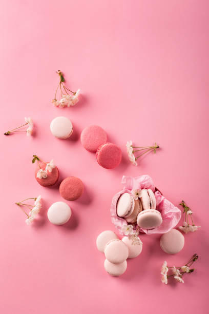 istock Roze macaroons in gift box and Cherry blossoms 1226187288