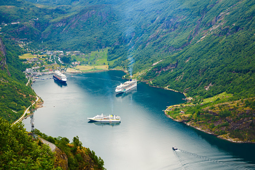 Geiranger, Norway - June 11, 2018 - The most beautiful fjord in the world with cruise ships, UNESCO world heritage site.
