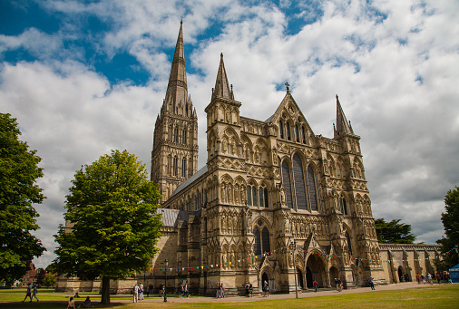 View of Salisbury Cathedral and its main facade, magnificent representation of the English Gothic style. England