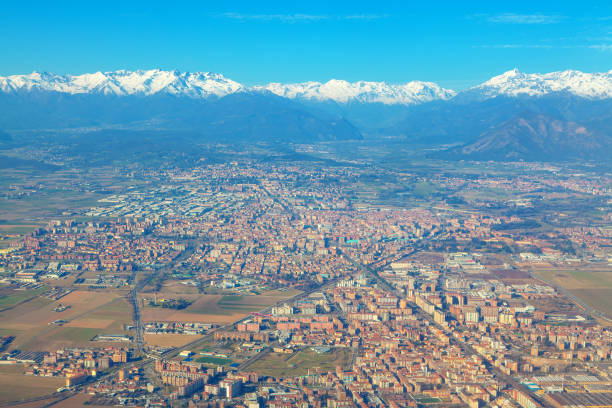 panoramic view of Turin city and Alps mountains