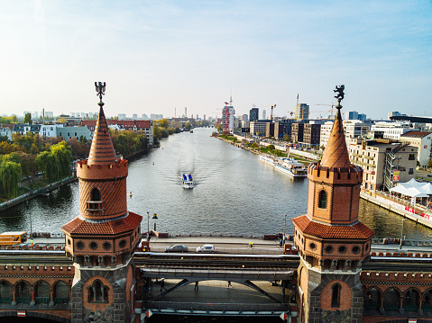 Modern architecture in Berlin, Germany near Oberbaum bridge and daily life from high point of view