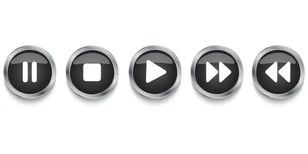 Vector illustration of Player button icons. Media player control. Buttons: pause, stop, play, rewind. Vector image. Stock Photo.