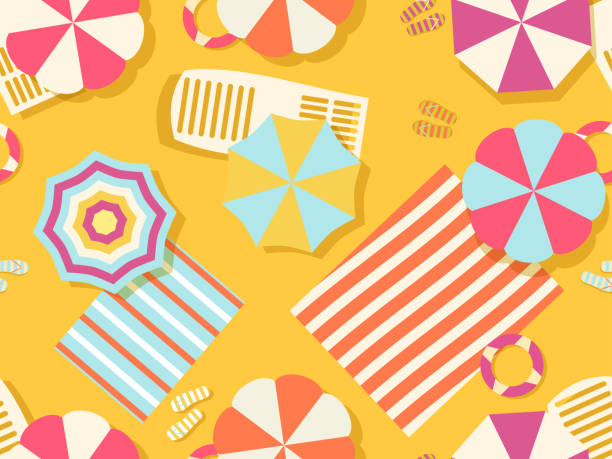 istock Seamless beach pattern, top view. Chaise lounge with beach umbrella and towel on the sand. Flat design style. Summer beach vacation. Vector illustration 1226196637