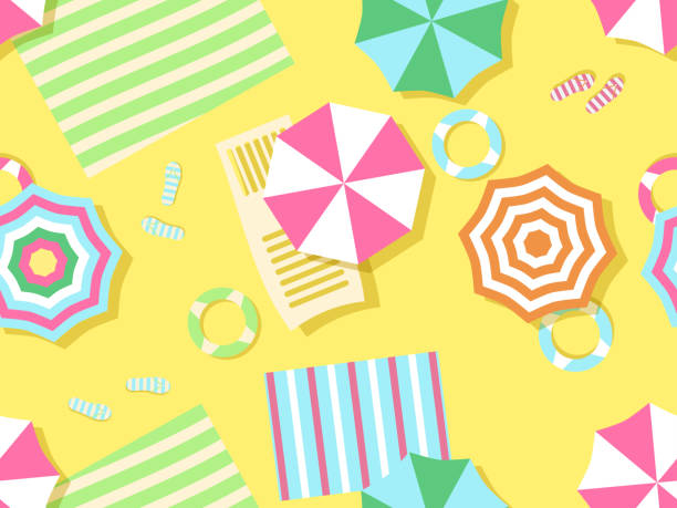 istock Seamless beach pattern, top view. Chaise lounge with beach umbrella and towel on the sand. Flat design style. Summer beach vacation. Vector illustration 1226196651