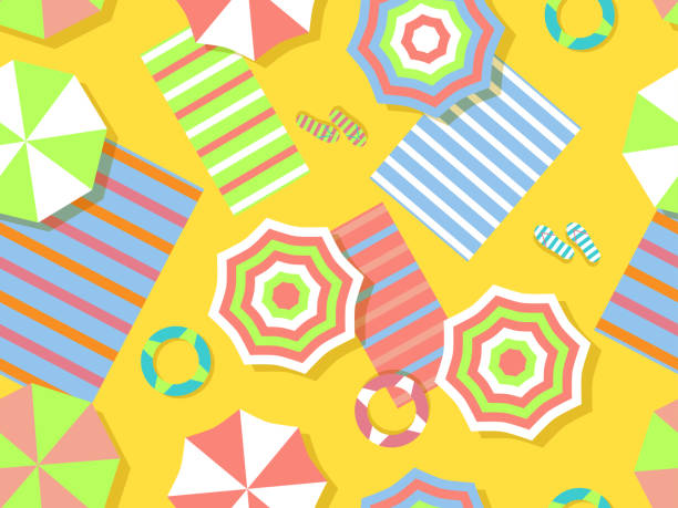 istock Seamless beach pattern, top view. Beach umbrella and towel on the sand. Flat design style. Summer background. Vector illustration 1226196668