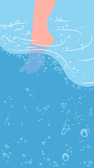 Vertical vector summer illustration of a foot dipping in fresh water.