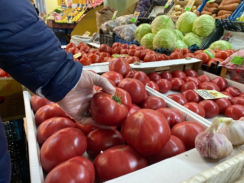 A male hand in a glove takes tomatoes in the market. Gloves must be worn in the store because of covid-19. Selling ripe, red tomatoes. Healthy eating for vegetarians.