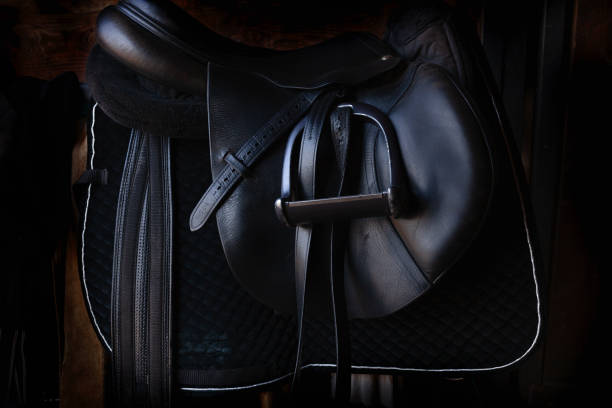 sela de cavalo de couro preto brilhante no estábulo escuro, com estribo, pronto para montar - leather harness - fotografias e filmes do acervo