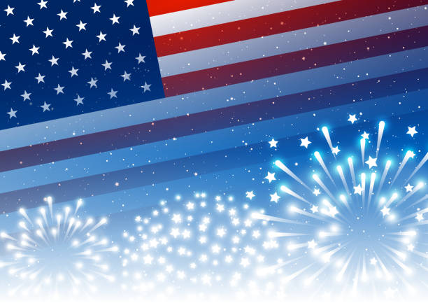 Independence day background with American flag and shining fireworks on  night sky Independence day background with American flag and shining fireworks on  night sky 4th of july fireworks stock illustrations