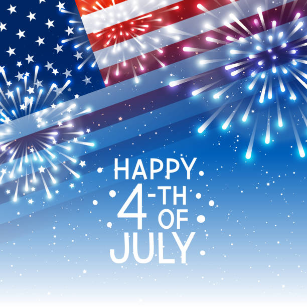 istock Independence day greeting card with American flag and fireworks on  night sky background 1226203625