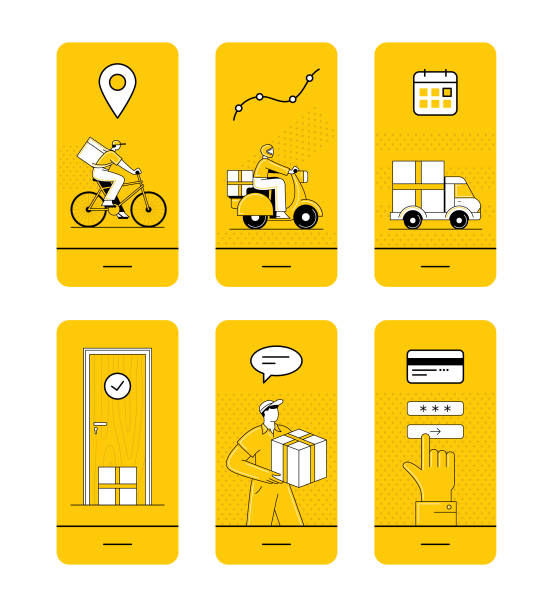 ilustrações, clipart, desenhos animados e ícones de conjunto de entrega em casa - delivery van delivery person messenger men