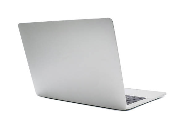 istock Back left view of Open laptop computer for mockup. Modern thin edge slim design. Gray metal aluminum material body isolated on white background with clipping path. 1226206391