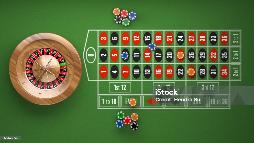 Top view of roulette wheel and bet options Top view of roulette wheel and bet options with casino chips being placed. 3D illustration Roulette Table Stock Photo