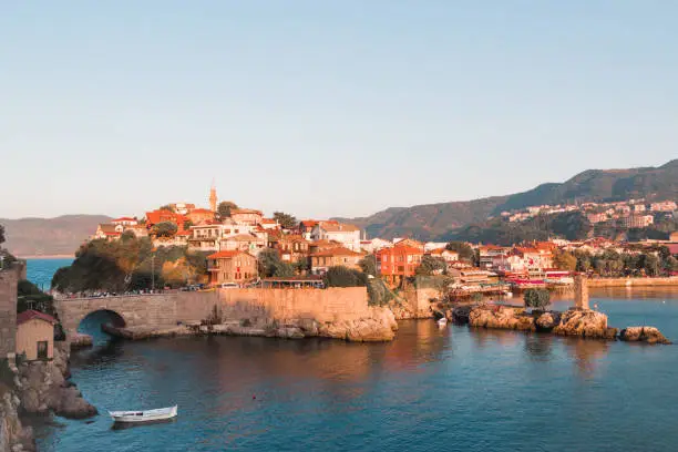 Beautiful cityscape on the mountains over Black-sea, Amasra. Amasra traditional Turkish architecture