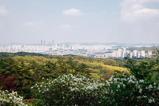 Doksanseong Fortress mountain and Hwaseong Dongtan new town panorama view in Osan, Korea