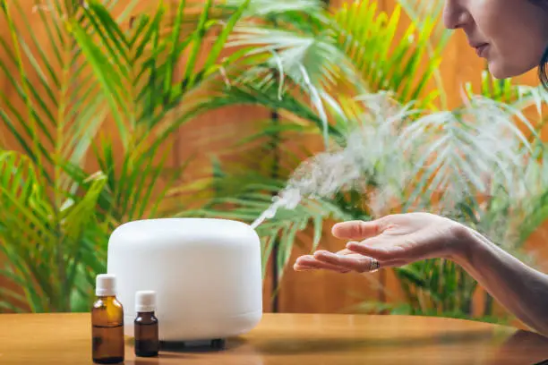Woman Enjoying Aroma Therapy Steam Scent from Home Essential Oil Diffuser or Air Humidifier. Ultrasonic technology, increasing air humidity indoors for more comfortable living conditions