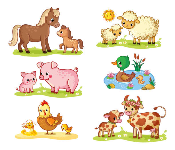 Collecte de vecteurs avec les animaux de compagnie et leurs enfants. Grand ensemble sur un thème de ferme dans le modèle de dessin animé avec un cheval et une vache - Illustration vectorielle
