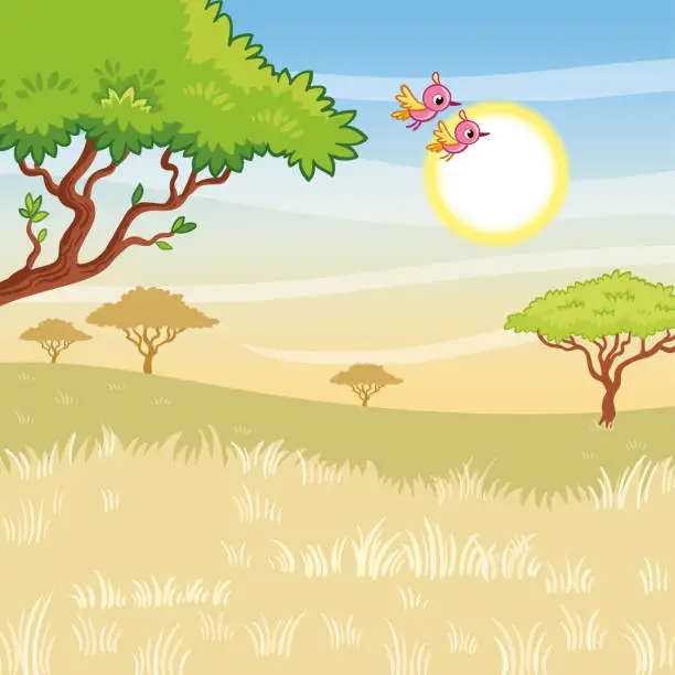 Vector illustration of Vector landscape illustration with sunny savanna and birds. Cute picture on the theme of summer in cartoon style.