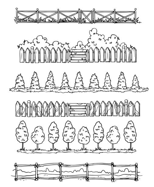 시골 스타일의 손으로 그린 칸막이, 벡터 스케치 세트 - fence line stock illustrations