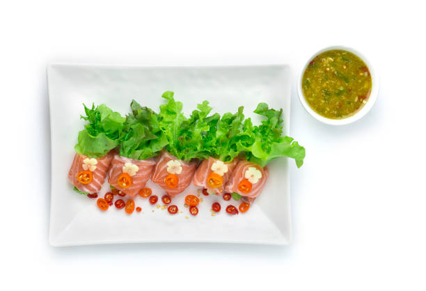 istock Salmon Salad Rolls Served with Seafood Wasabi Sauce 1226213637