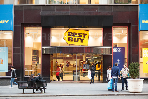 New York, New York, USA -  February 20, 2016: The Best Buy on Fifth Avenue in midtown Manhattan. Best Buy is a national home electronics retailer. People can be seen.