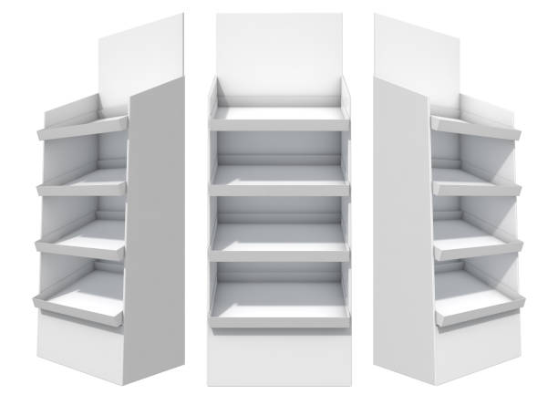 Point Of Sale Shelving Unit Three views of an unbranded white point of purchase unit - 3D render white units stock pictures, royalty-free photos & images