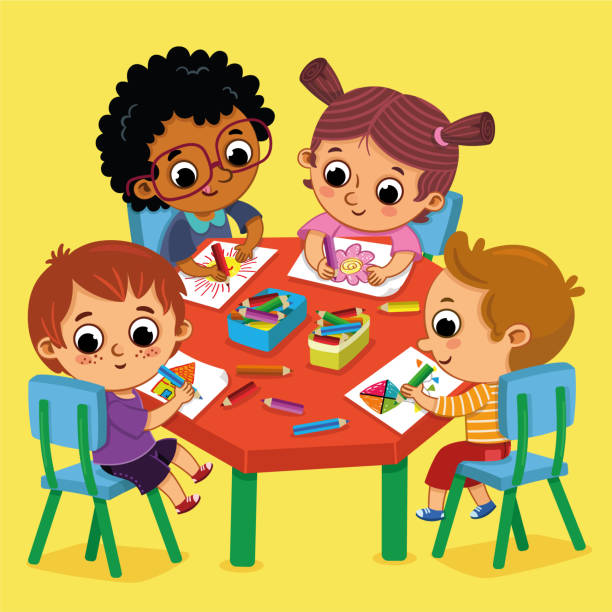 Kindergarten Kids Four kids in kindergarten happily drawing colorful pictures. Vector illustration. girl sitting in chair drawing stock illustrations